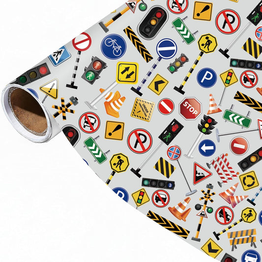Traffic Sign Wrapping Paper Roll - 17Inch x16.4Feet - Road Street Traffic Lights Sign Theme Gift Wrap for Transportation Parties,Birthday,Celebration