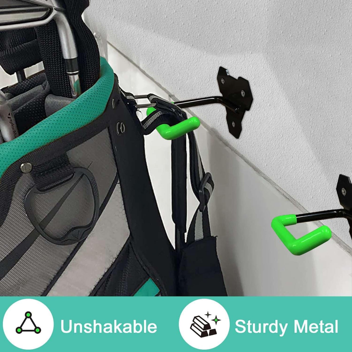 Wall Mounted Golf Bag Hook, 2 Bags Storage Racks Perfect for Garage Organization, Space Saving Hanging Organizer (Black)