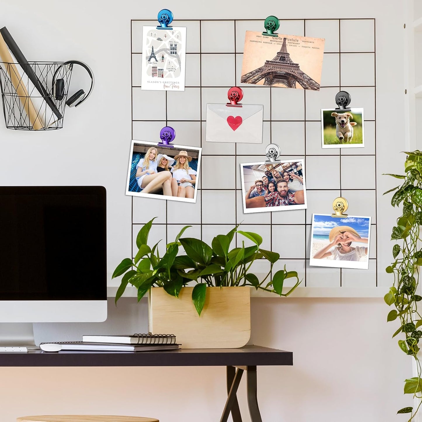 FINDMAG 12 Pack Magnetic Clips for Photo Display and Picture Hanging, Heavy Duty Scratch-Free Fridge Magnets, Strong Clips for Photo Display, Whiteboard, Office, Kitchen, School, 30mm Wide, Gold.