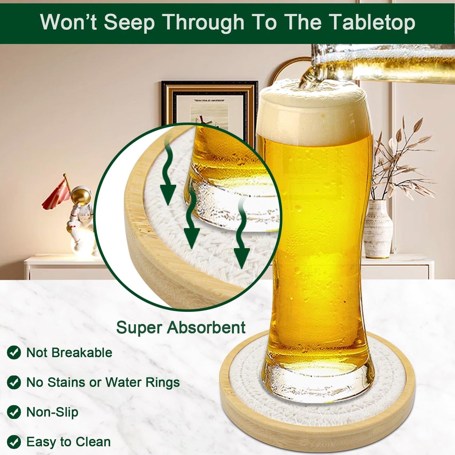 Bamboo Coasters for Drinks, Absorbent Coaster Sets of 5, Woven Drink Coasters for Coffee Table, Housewarming Gift for Farmhouse Home Decor,4 inches (White Series)