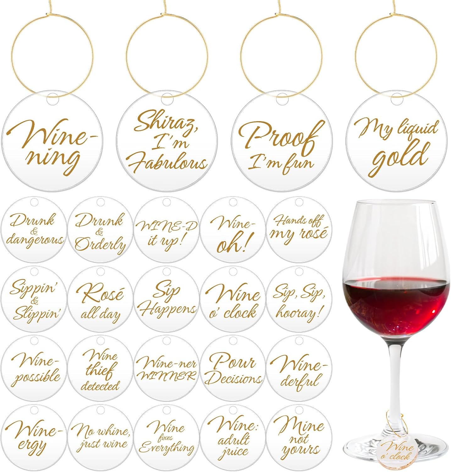 Weysat 24 Pcs Acrylic Thanksgiving Wine Glass Charms with Funny Quotes & Gold Text, Reusable Drink Identifiers Tags with Storage Bag for Birthday Parties Weddings Supplies