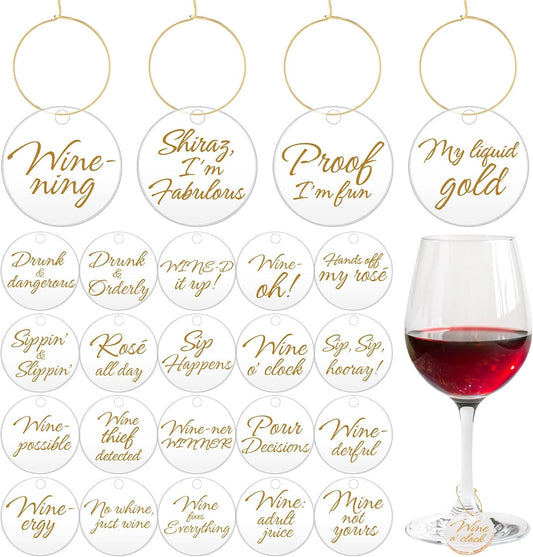 Weysat 24 Pcs Acrylic Thanksgiving Wine Glass Charms with Funny Quotes & Gold Text, Reusable Drink Identifiers Tags with Storage Bag for Birthday Parties Weddings Supplies