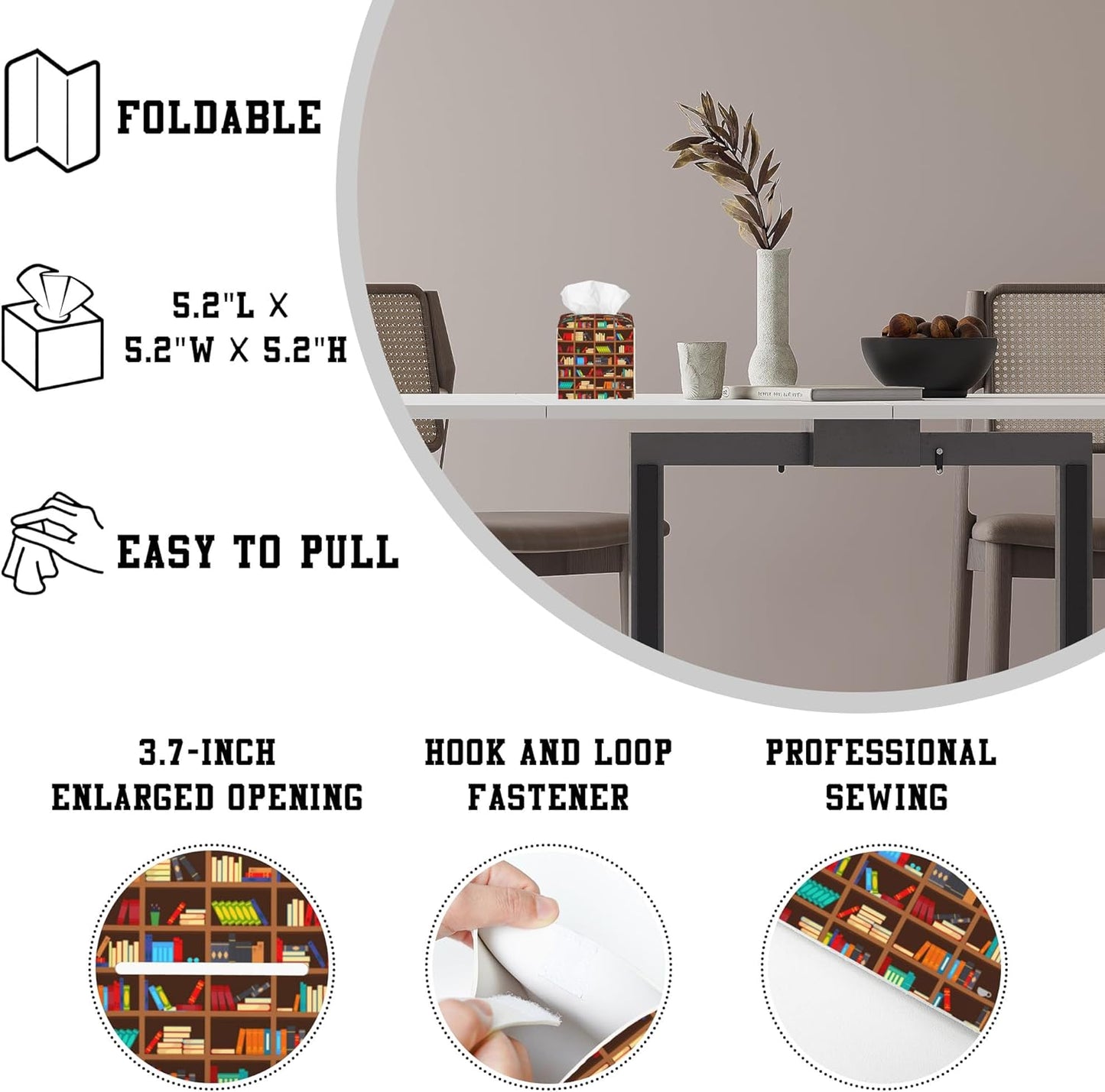 Books in Bookcase Tissue Box Cover Square, Library Shelves Tissue Box Holder Leather Facial Paper Case Decorative Organizer Holder Dispenser Home Office Car Decor