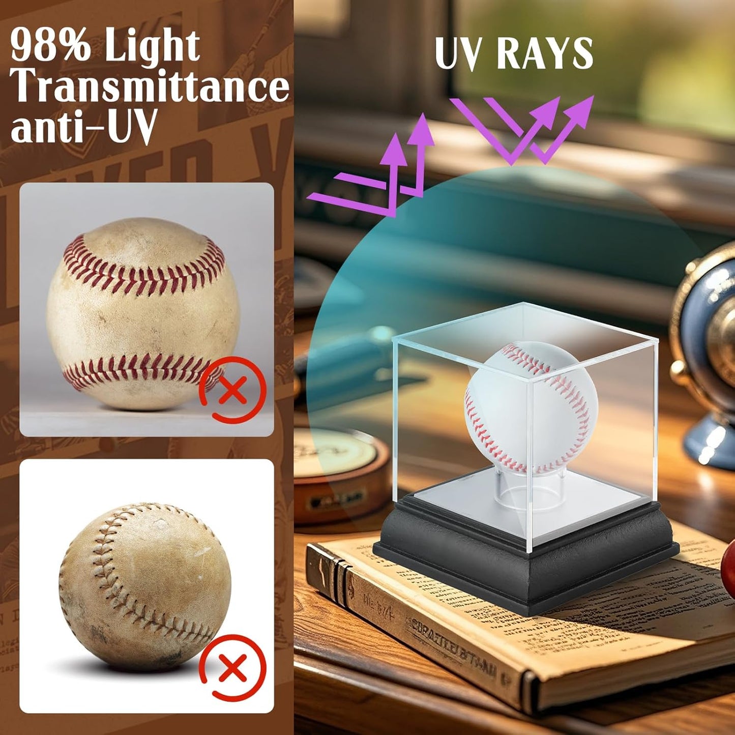 Baseball Display Case with Led Light, UV Protected Clear Acrylic Cube with Wood Base Stand, Sports Memorabilia Showcase Autograph Ball Holder for Official Size Ball Display