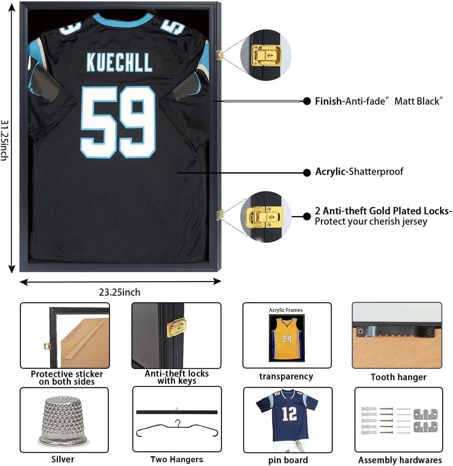 IHEIPYE Jersey Frame Display Case Shadow Box 2 Pack - Lockable with UV Protection Acrylic and Hanger for Baseball, Basketball, Football, Soccer, Hockey 2XL Sport Shirt and Uniform - Black