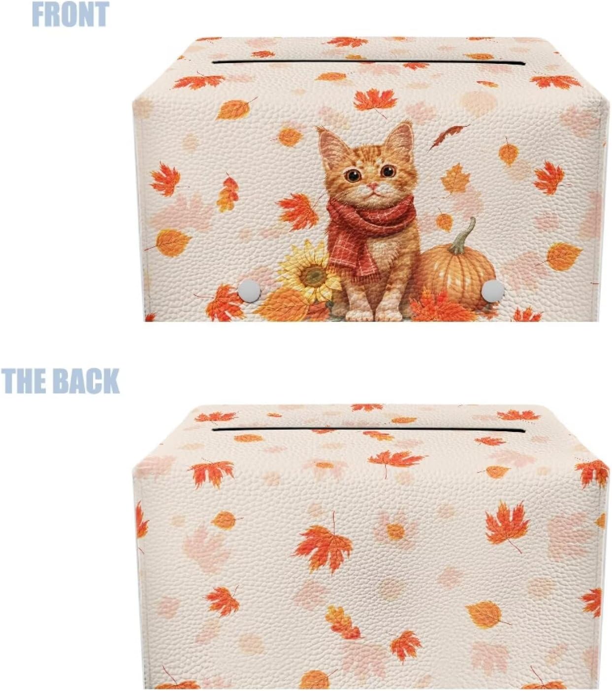 Fall Leather Tissue Box Cover Cute Cat Sunflower Pumpkin Tissue Box Covers Cube Tissue Box Holder Rectangular for Bathroom Home Decorations for Dining Room