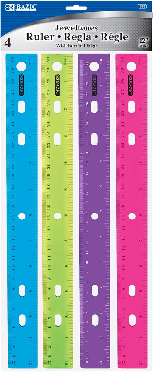 BAZIC Products Jeweltones Color Plastic Ruler 12" (30cm), Inches Centimeter Metric Measuring Drafting Rulers, for Students School Supplies (4/Pack), 24-Packs