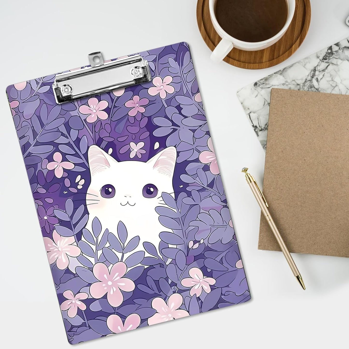 Plastic A4 Clipboards, Cute Fashion Clipboard Decorative, 12.2" x 8.7" Standard A4 Size Clipboards, Plastic Acrylic Clipboard for Teacher, Social Worker, Students,Women, Office Supplies(White Cat)