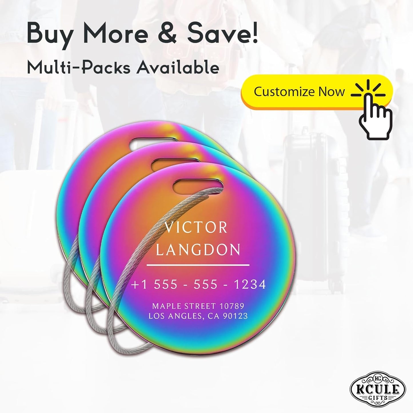 Stainless Luggage Tags for Suitcases: Metal Personalized Luggage Tags and Bags with Customizable Texts (Rainbow)