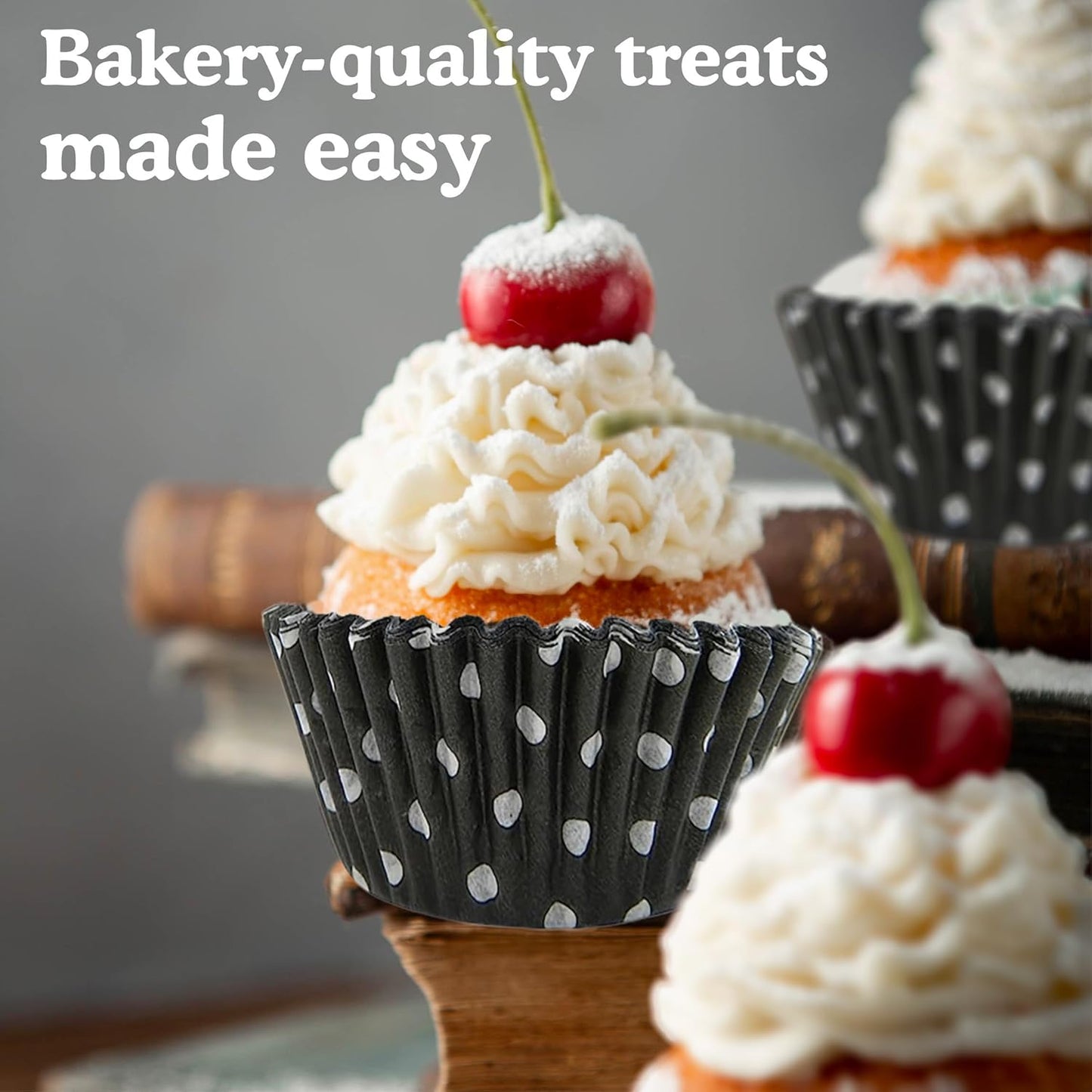 Regency Wraps Greaseproof Professional Grade Baking Cups, Pack of 40, Standard Liners, Black Polka Dots, for Cupcakes, Muffins, Candy, Non Stick