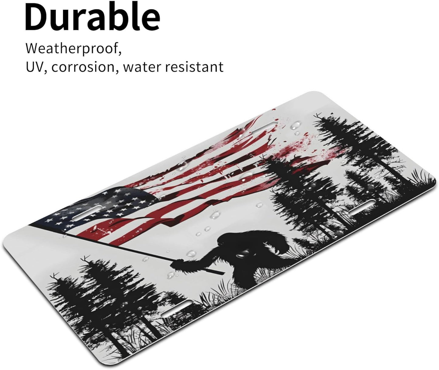 Front License Plate for Car Designs American Flag Bigfoot Stainless License Plate Cover Holder for Men Women Metal Aluminum Decorative Accessory Vanity Tag Standard 6 X 12 inch (4 Holes)