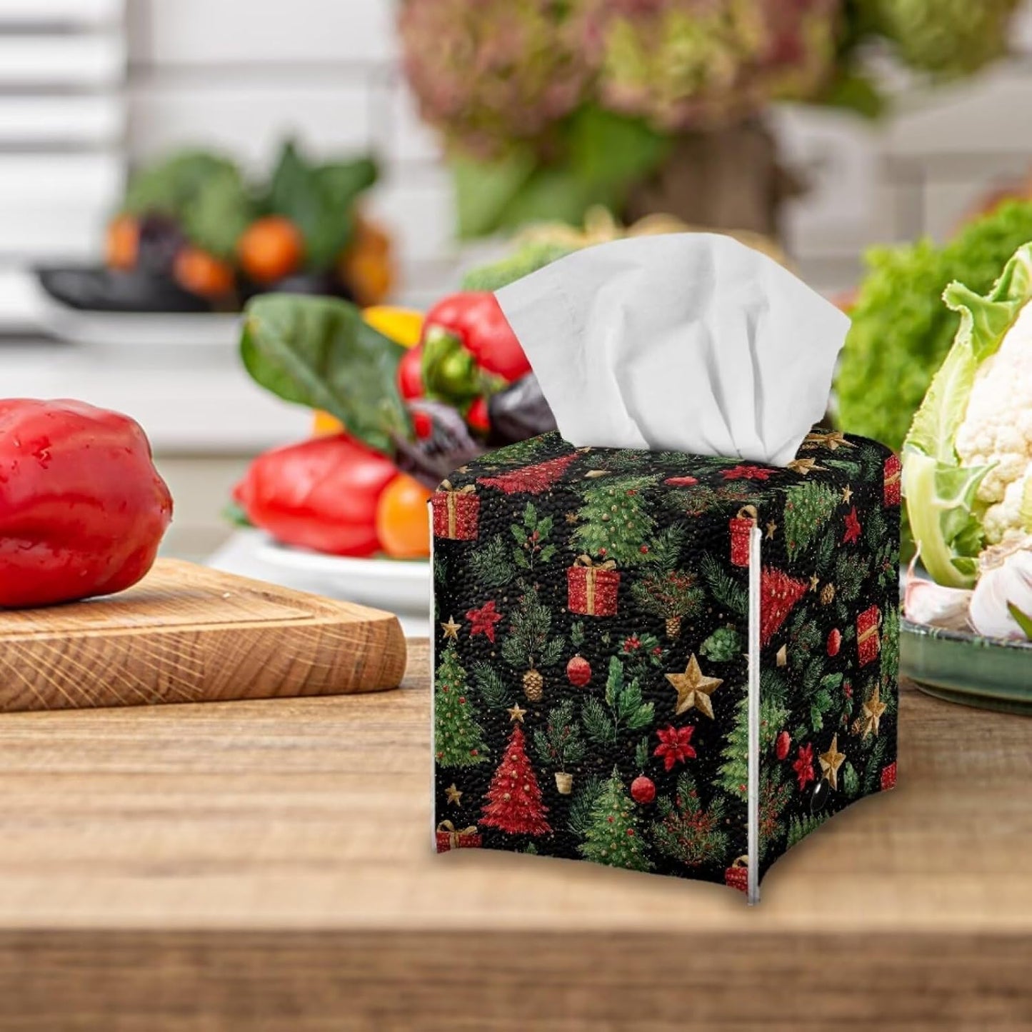 Christmas Tissue Box Cover Leather Tissue Box Holder 5x5x5 inch Modern Home Decor Holiday Theme Facial Paper Organizer Holder for Office Bedroom Car