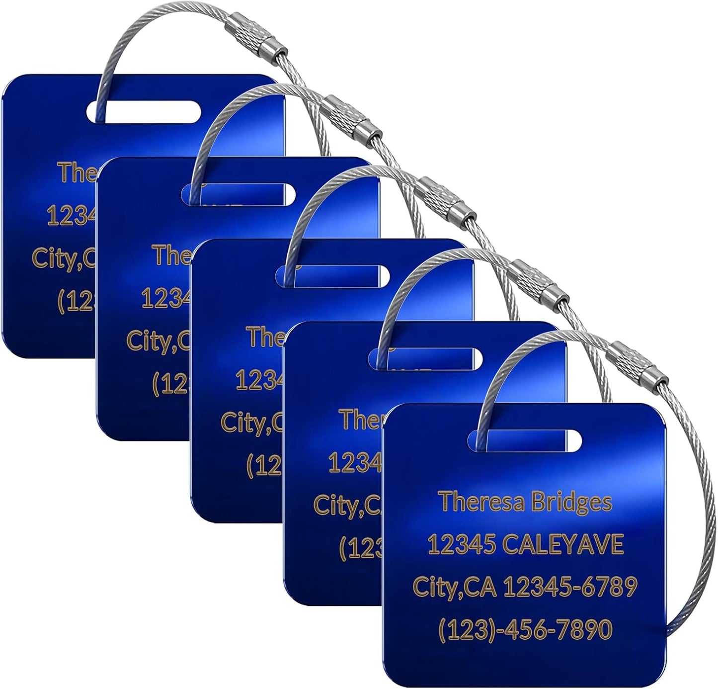 5 Pack Custom Engraved Luggage Tags, 2 x 2 inches Waterproof Personalized Luggage Tags, Aluminum Personalized Bag Tags for Suitcases/Backpack/Luggage Accessories [Blue]