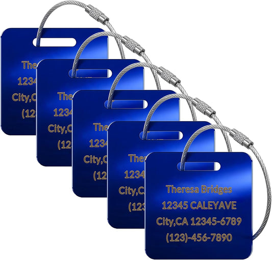 5 Pack Custom Engraved Luggage Tags, 2 x 2 inches Waterproof Personalized Luggage Tags, Aluminum Personalized Bag Tags for Suitcases/Backpack/Luggage Accessories [Blue]
