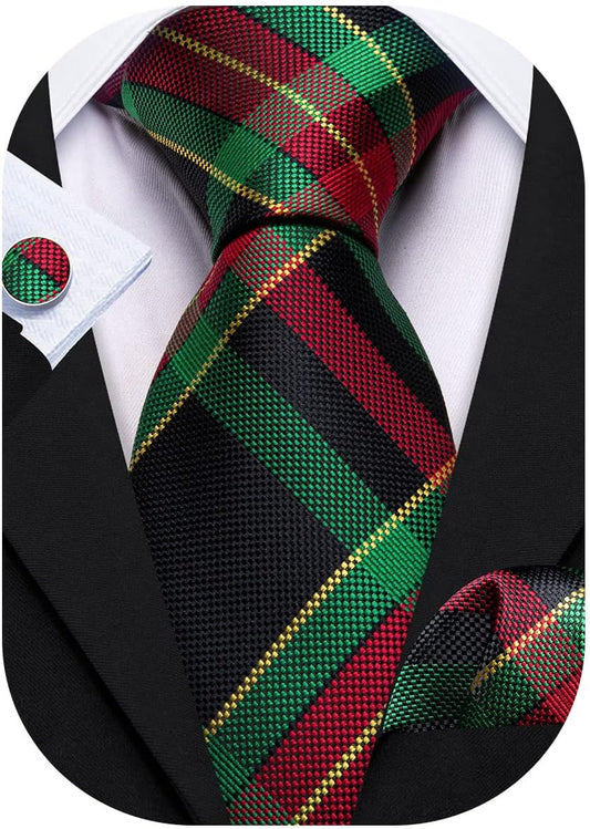 Barry.Wang Designer Classic Ties for Men Set Formal Pocket Square Cufflink Check Plaid