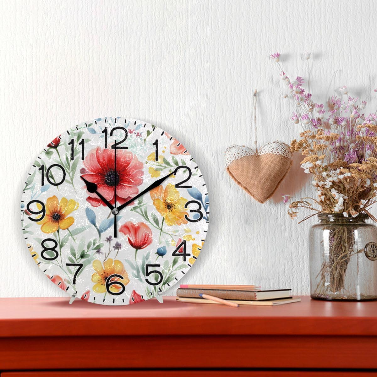 Spring Red Yellow Flowers Leaves Wall Clock Battery Operated Non Ticking Silent Quartz Analog Rustic Farmhouse Round Clock Retro Decor for Home Kitchen Living Room Bathroom