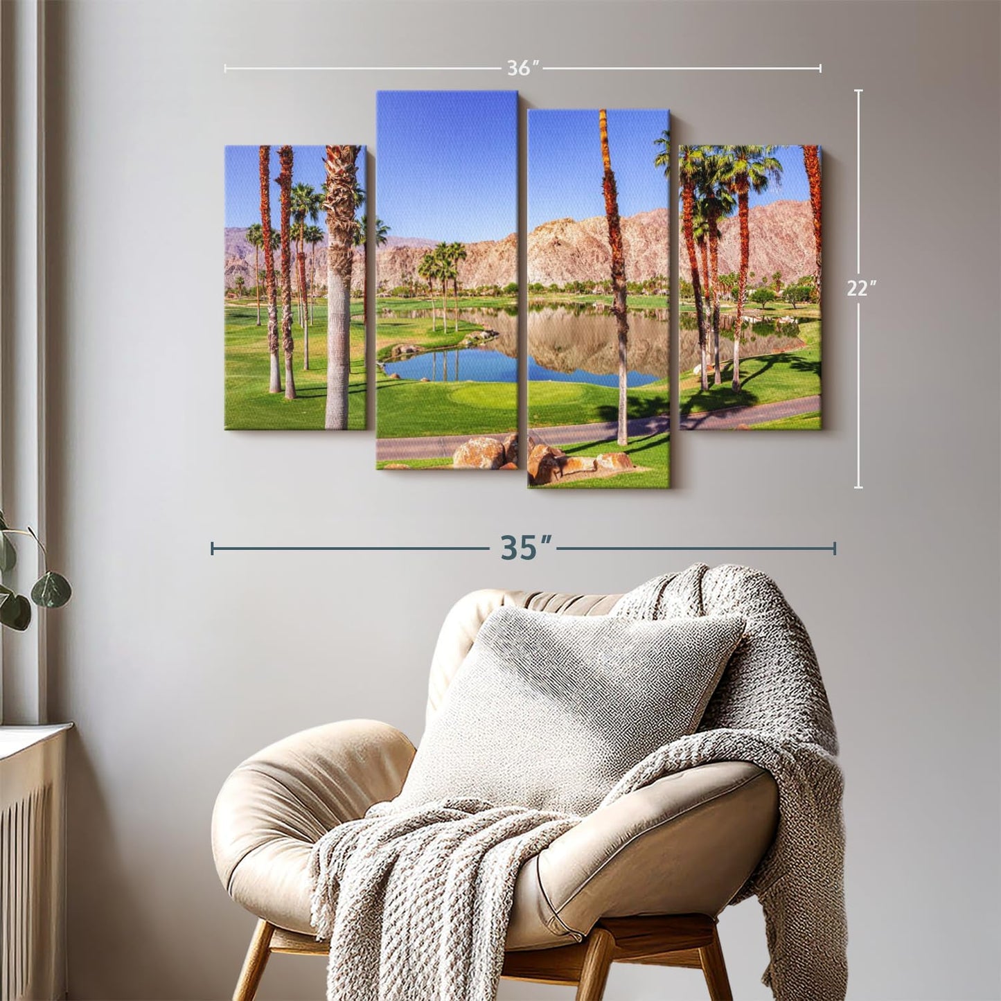 Elephant Stock La Quinta Golf Course Wall Art - Horizontal Canvas - 4-Piece Living Room Wall Decor - Photography Sports Canvas Print - Beige and Brown Decor for Wall - 36" X 22"