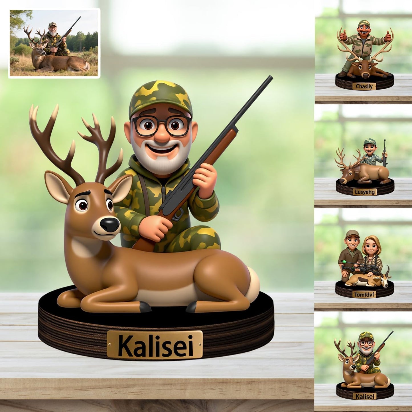 Personalized Hunter Cartoon Photo Sculpture Ornament Custom Name 2D Acrylic Deer Photo Figurine Desk Decor Gift for Dad Husband Grandpa Family Couple Hunting Lover Birthday Xmas (Style 4)