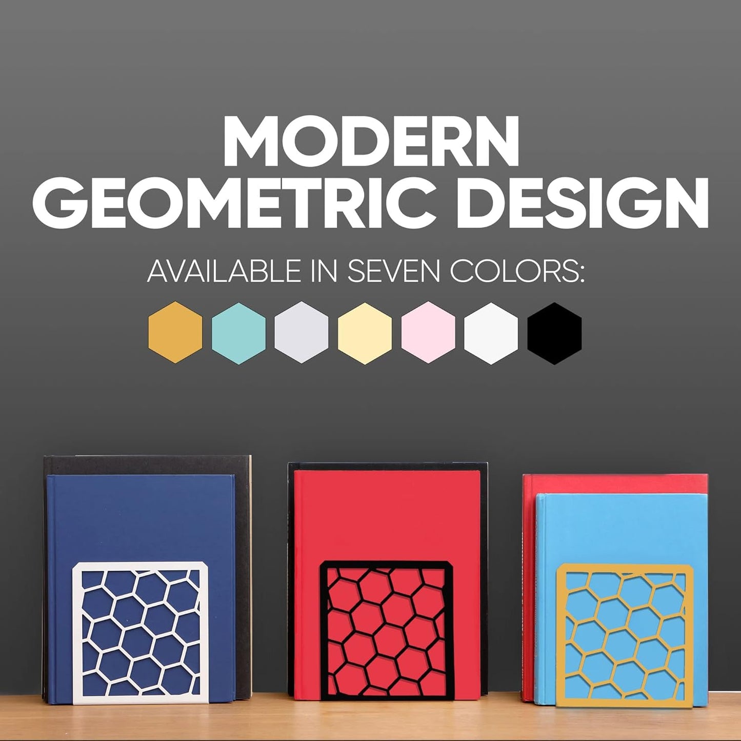 GEOMOD Geometric Honeycomb Black Metal Bookends Decorative - Tall Sturdy Book Ends for Shelves - Modern Heavy Duty Bookend Stopper - Office or Home Book Shelf Book Holder - 6x3.25x6.25 Inches - 1 Pair