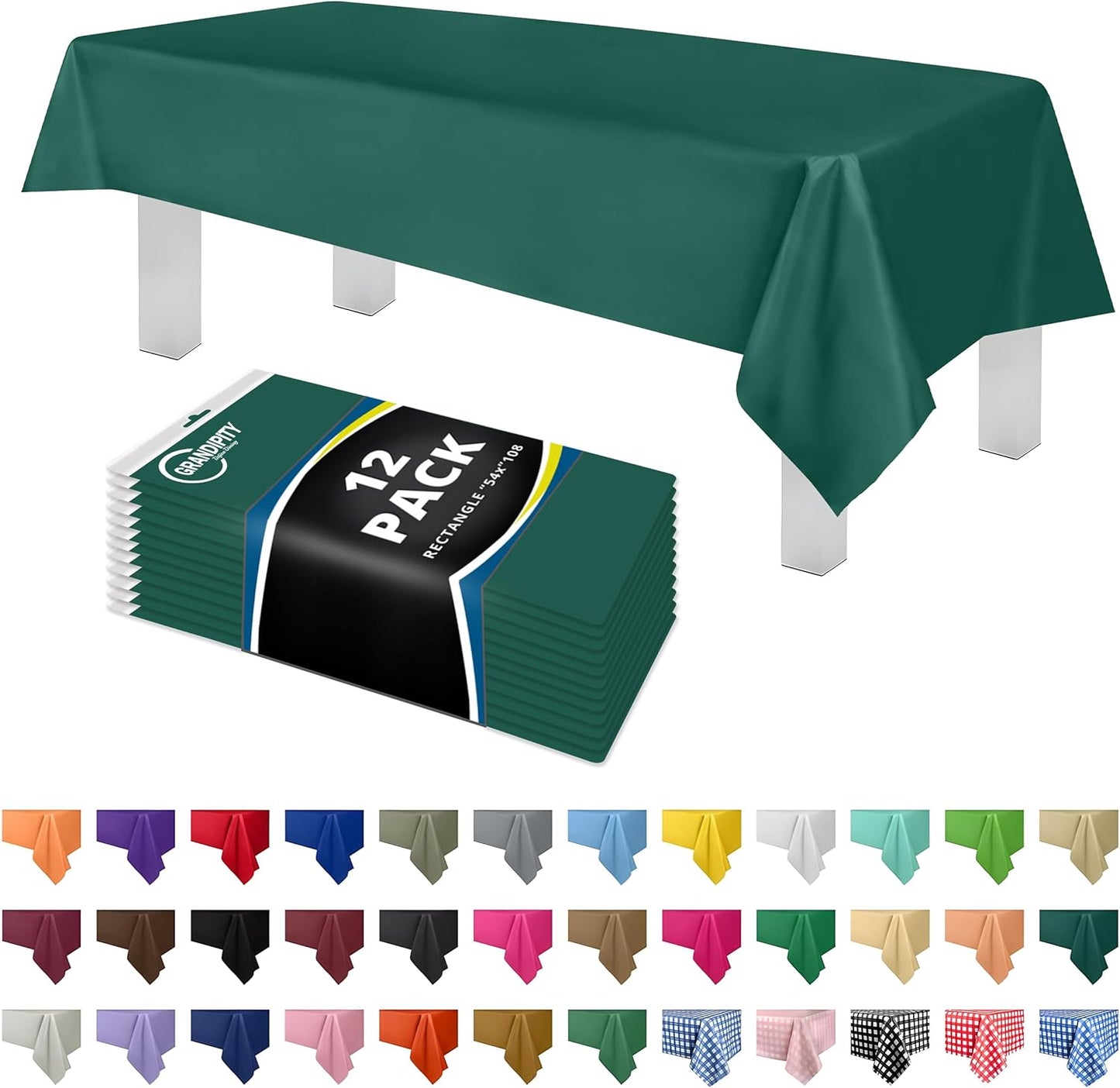 Grandipity 12 Pack Premium Disposable Plastic Tablecloth 54 Inch. x 108 Inch. Decorative Rectangle Table Cover - Dark Green