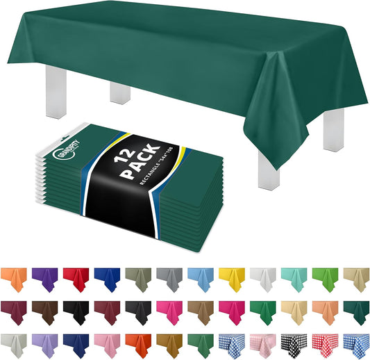 Grandipity 12 Pack Premium Disposable Plastic Tablecloth 54 Inch. x 108 Inch. Decorative Rectangle Table Cover - Dark Green