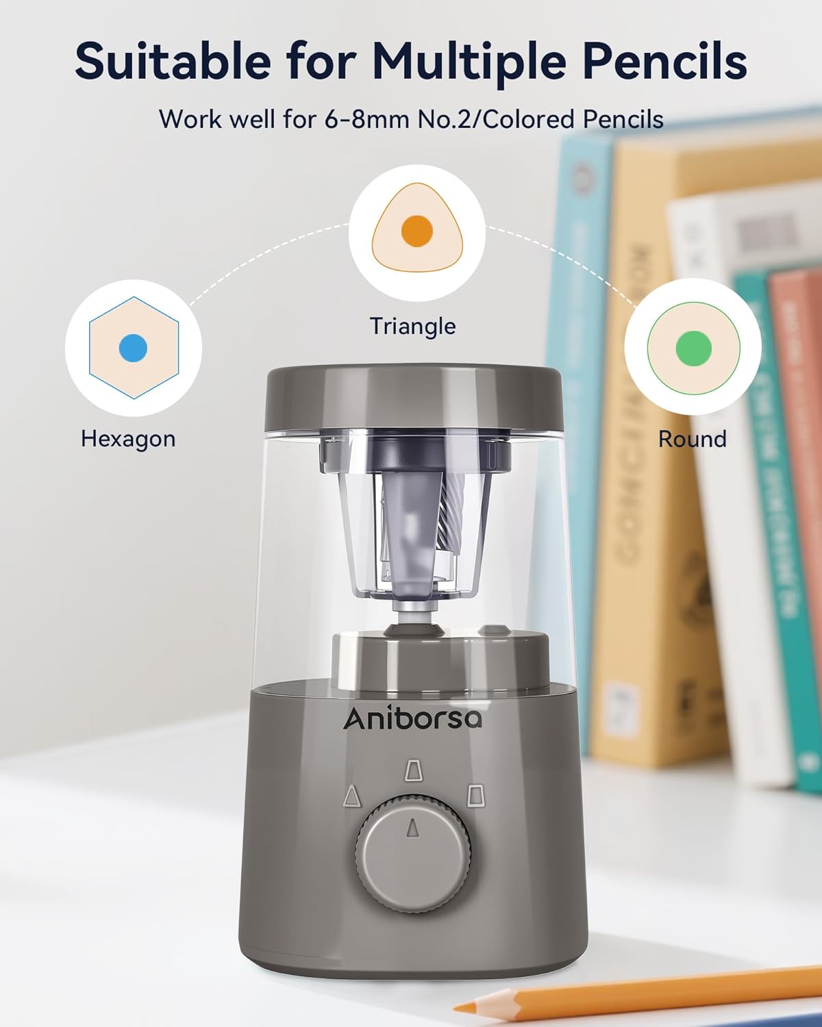 Electric Pencil Sharpener, Helical Blade Automatic Pencil Sharpener, Battery/USB Cord Operated Adjustable Sharpness for 6-8 mm Pencil, Classroom, School, Office, Home, Gray