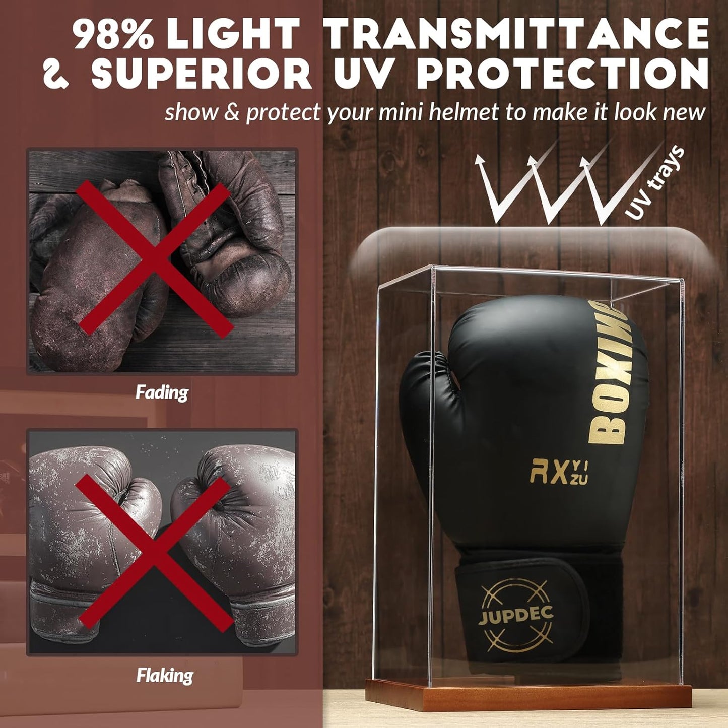 JupDec Boxing Glove Display Case, Clear Acrylic Showcase with Wood Base & Plank for Single Glove, Full Size UV Protection Souvenirs and Collectibles Box, Ideal Gift for Boxing Fans