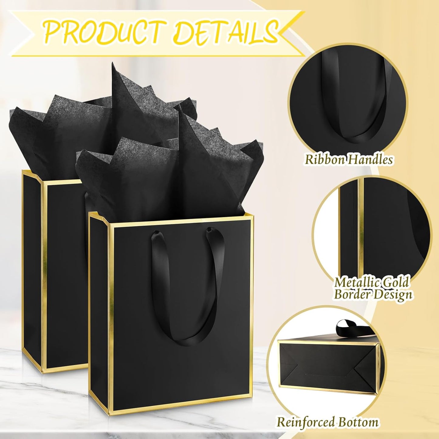 Yeaqee 24 Pack Metallic Paper Gift Bags with Handle and Tissue 9x7x3.1 Gold Foil Welcome Favor Bags Return Gifts for Wedding Fall 5 Senses Christmas Bridesmaid Birthday(Black and Gold)