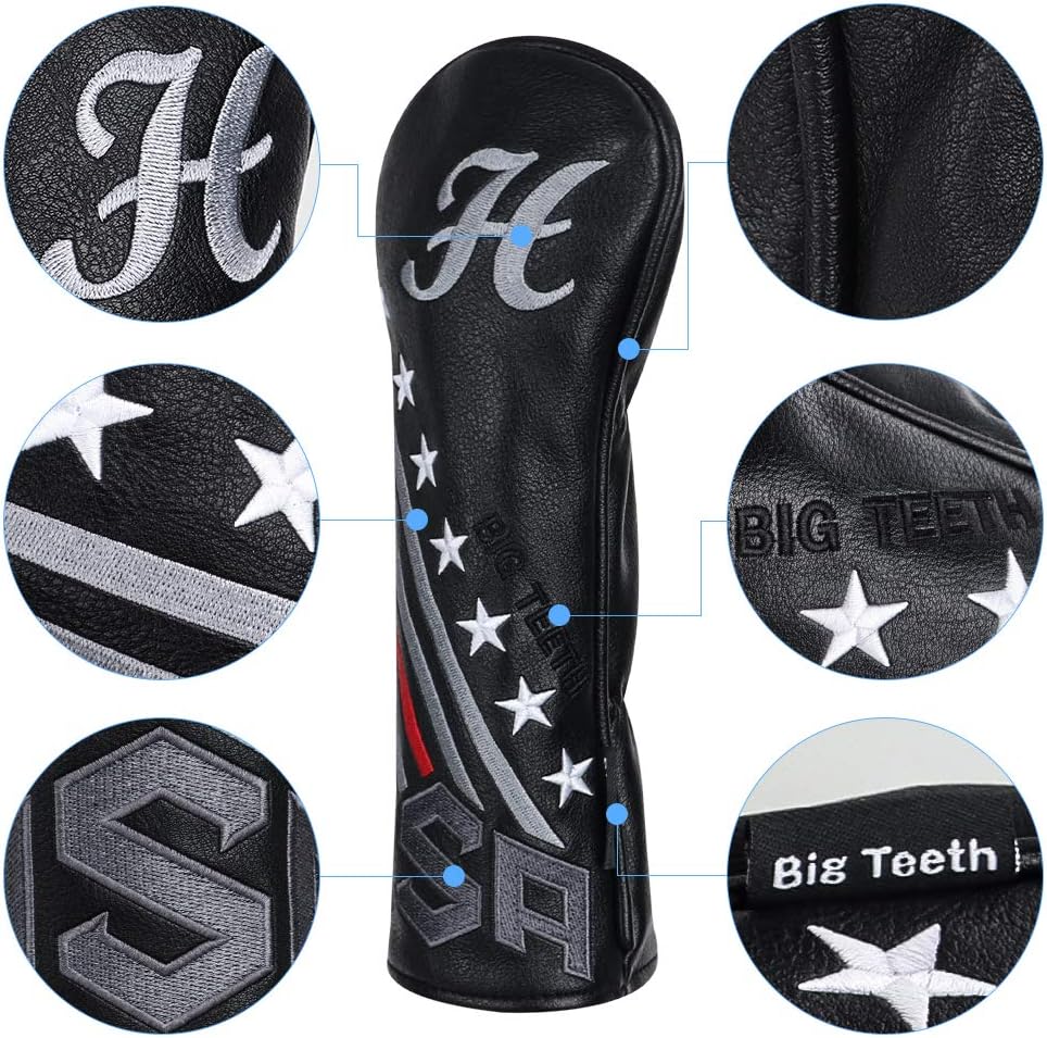 Big Teeth Golf Cover USA Stripe and Star Headcover Covers, Driver Fairway Wood Hybrid Headcovers Fits Blade Mallet Putter Iron and Woods with Magnetic Club Protector Pu Leather Golf Accessories