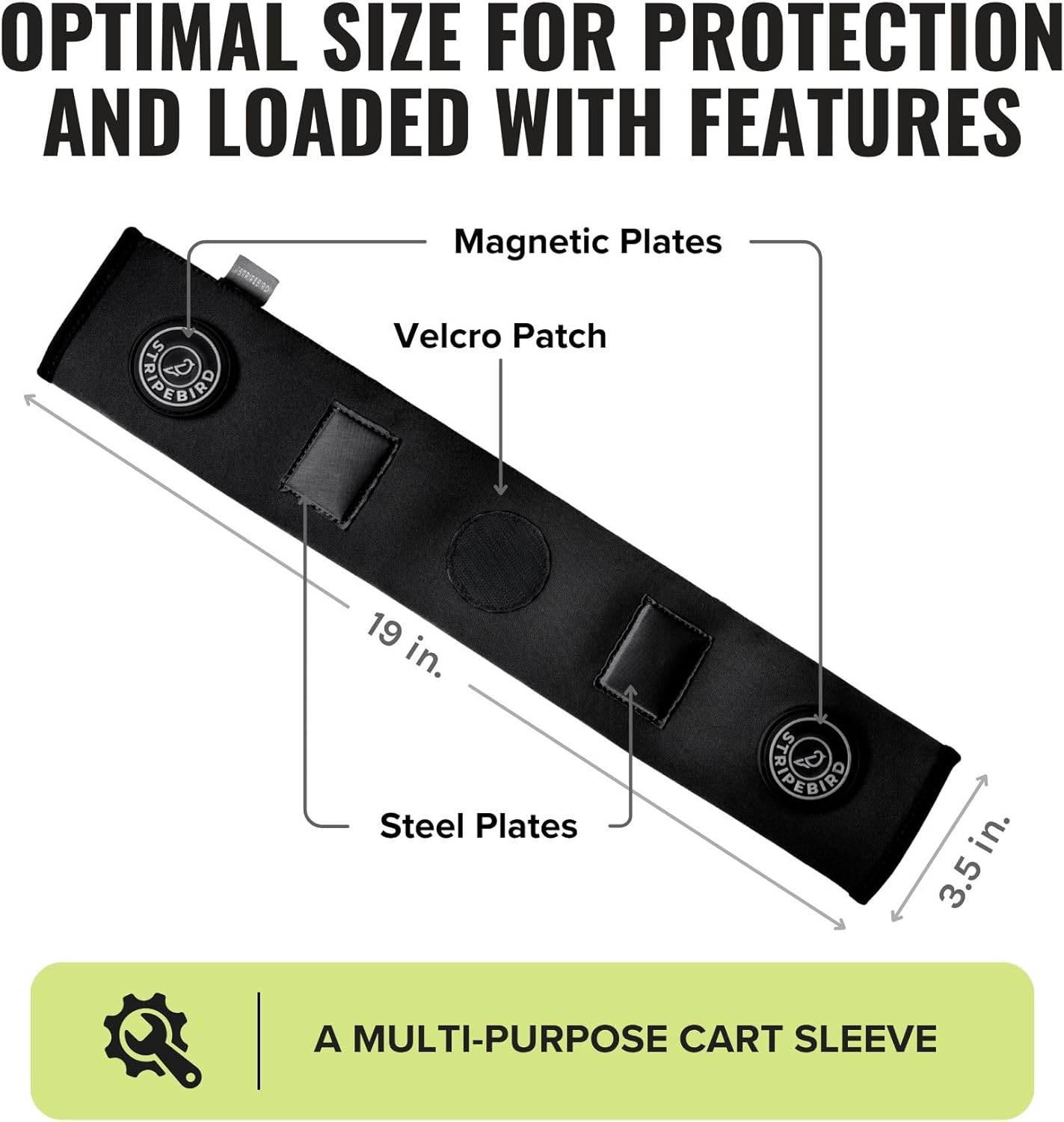 Stripebird - Premium Golf Cart Strap Sleeve Protector - Save Your Golf Bag from Golf Cart Straps - Includes Magnetic and Steel Plate for Magnetic Golf Accessories