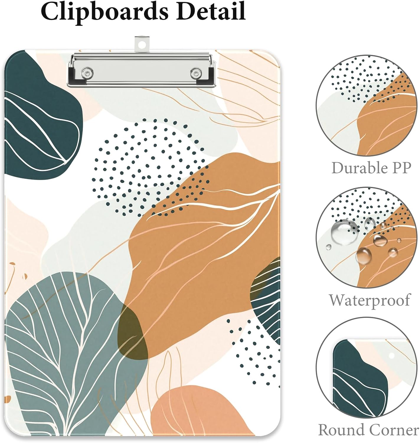 Rimilak Plastic Clipboards with Metal Clip, A4 Letter Size 9 x 12.5 in, Office Decorative for Students Women Men and Kids, Cute Custom Pattern, White Leaves