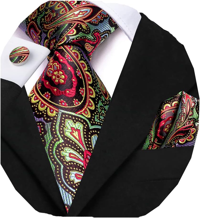 Dubulle Mens Paisley Striped Tie WOVEN Necktie for Men and Handkerchief Cufflinks Set Wedding Formal Business