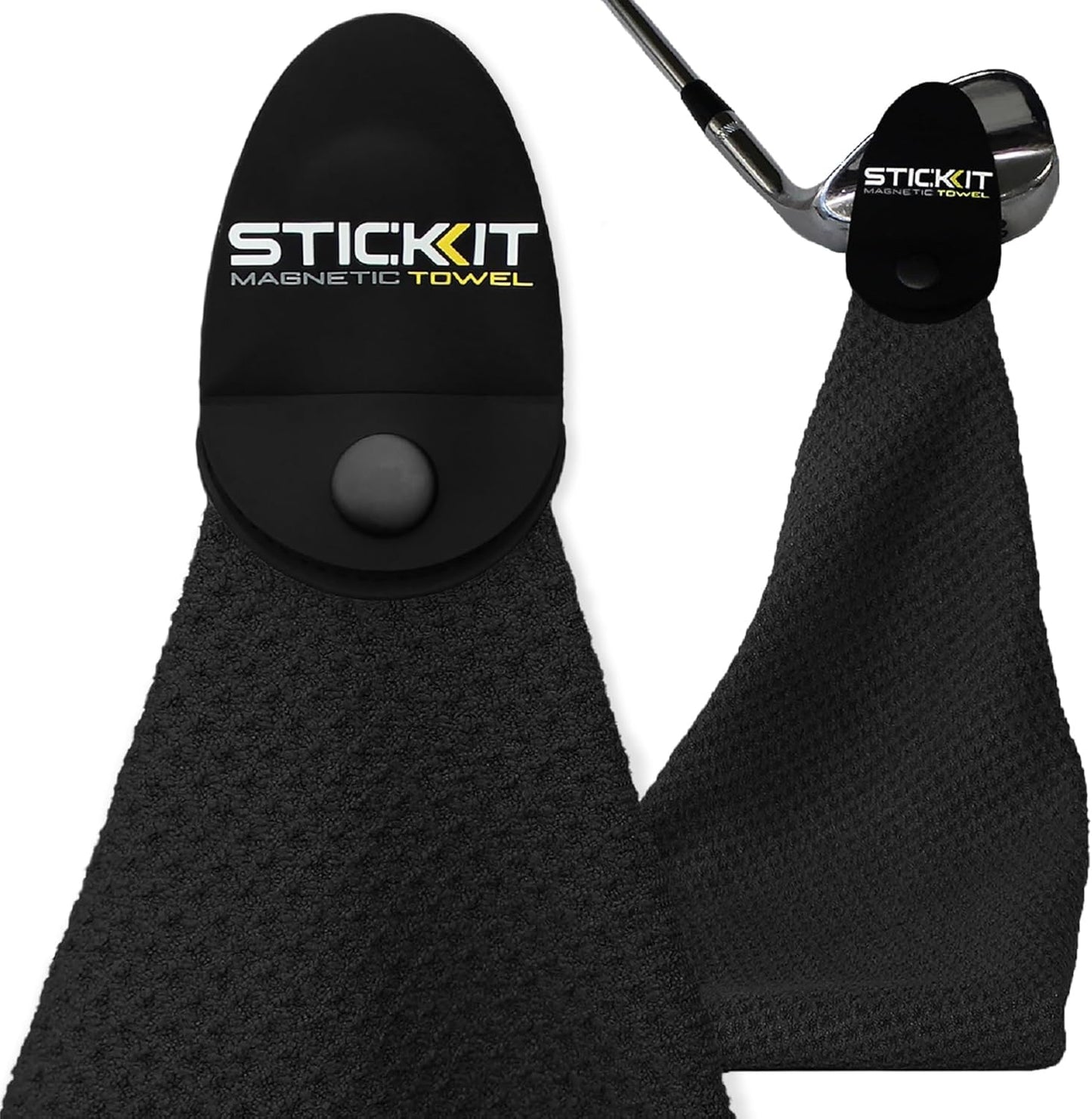 STICKIT Magnetic Towel, Black | Top-Tier Microfiber Golf Towel with Deep Waffle Pockets | Industrial Strength Magnet for Strong Hold to Golf Carts or Clubs