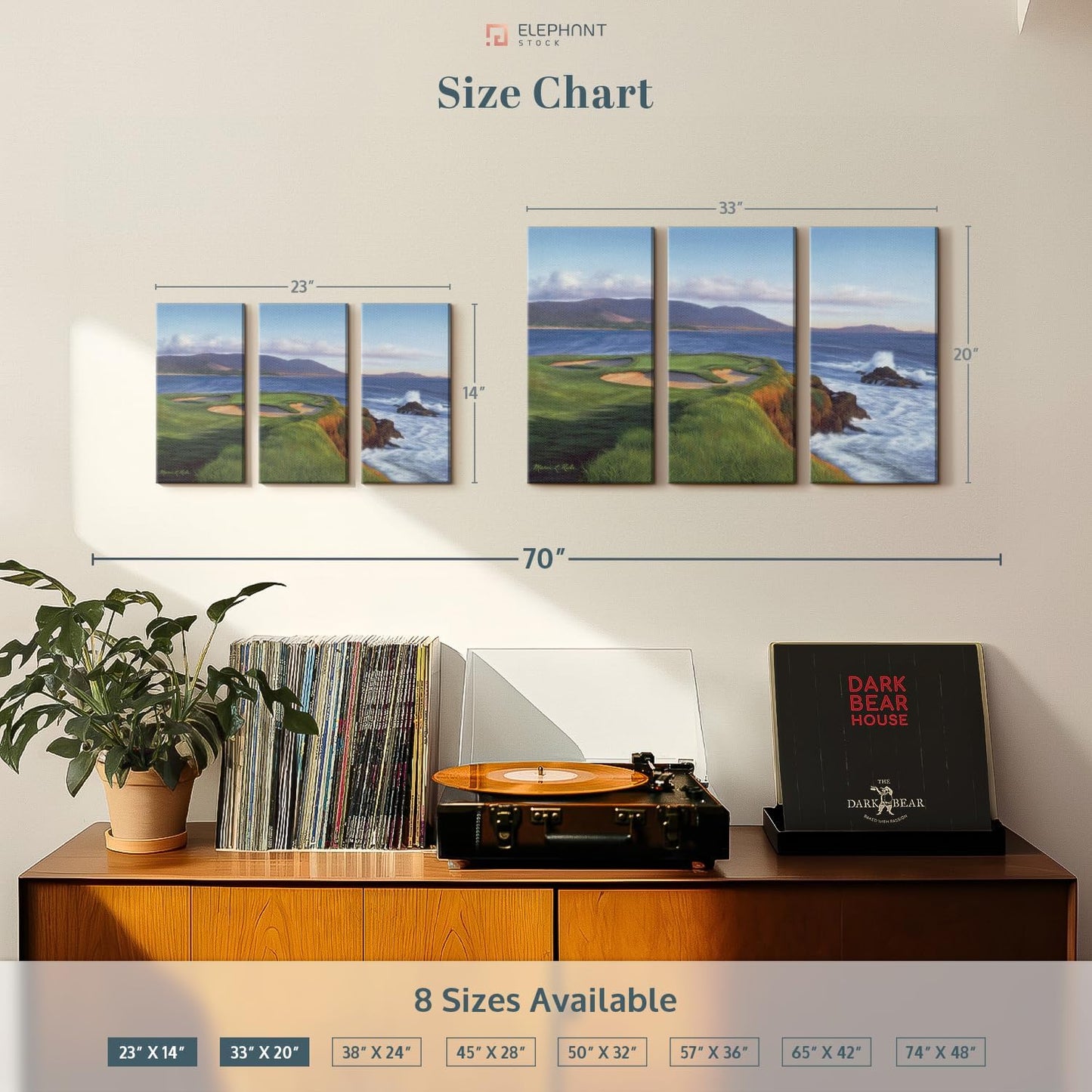 ElephantStock Pebble Beach 7th Hole Wall Art - Horizontal Canvas - 3-Piece Living Room Wall Decor - Painting Sports Canvas Print - Green and Blue Decor for Wall by Marci Rule - 23" X 14"