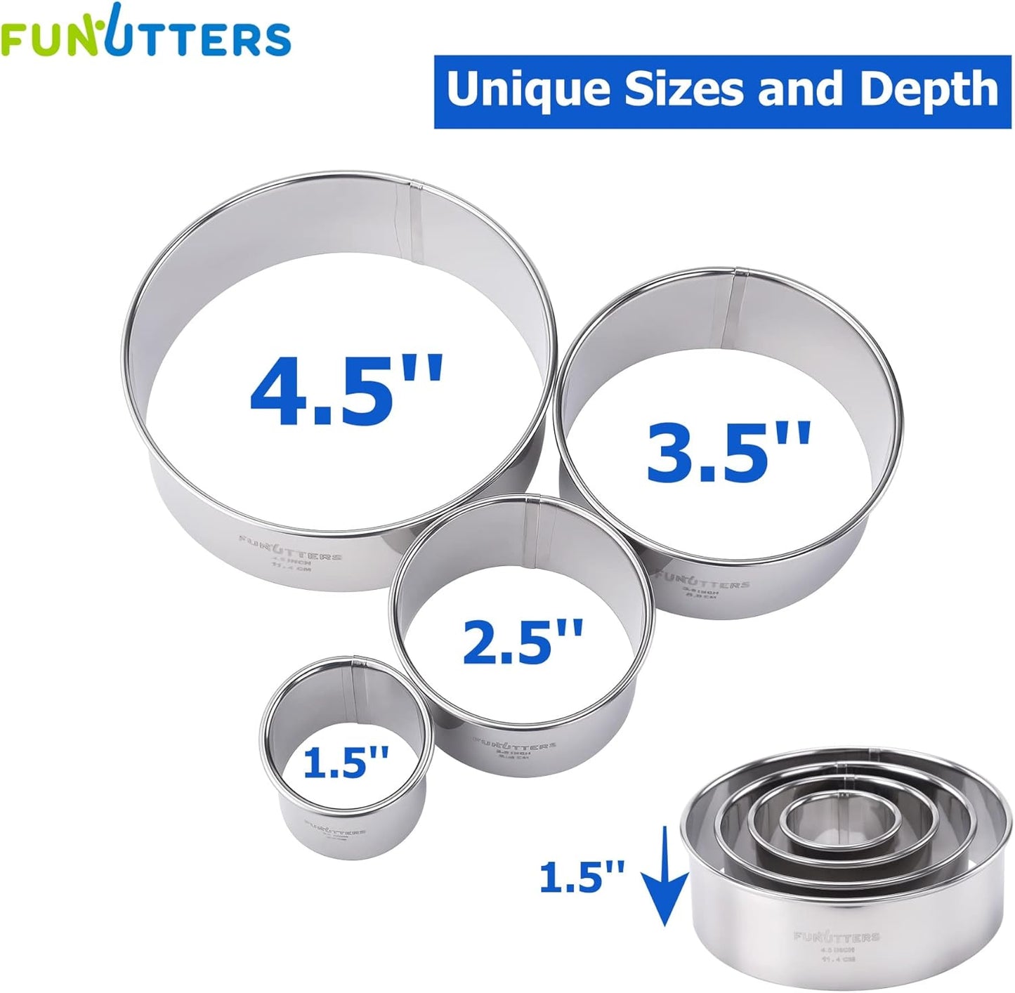 Cookie Cutter Set, 4 Pc. Kit, Measuring 1.5'', 2.5'', 3.5'', and 4.5'', Round Metal Baking Rings for Pastry, Biscuits, and Dough Cutting, Heavy Duty and Reusable, Multiple Sizes