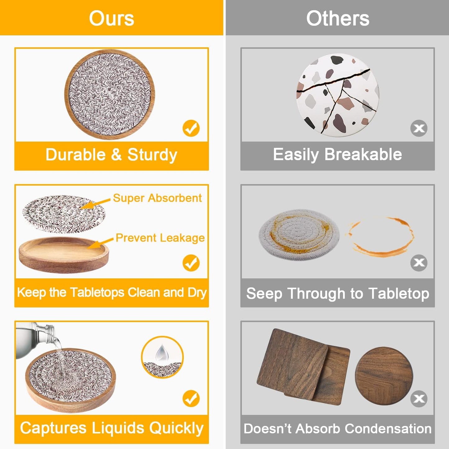 5 Pack Absorbent Coasters for Drinks, 4.3 Inches Cork for Coffee Tables, Wooden Drink Protection, Cute for Kitchen, Farmhouse, and Office (Dark Brown Series)