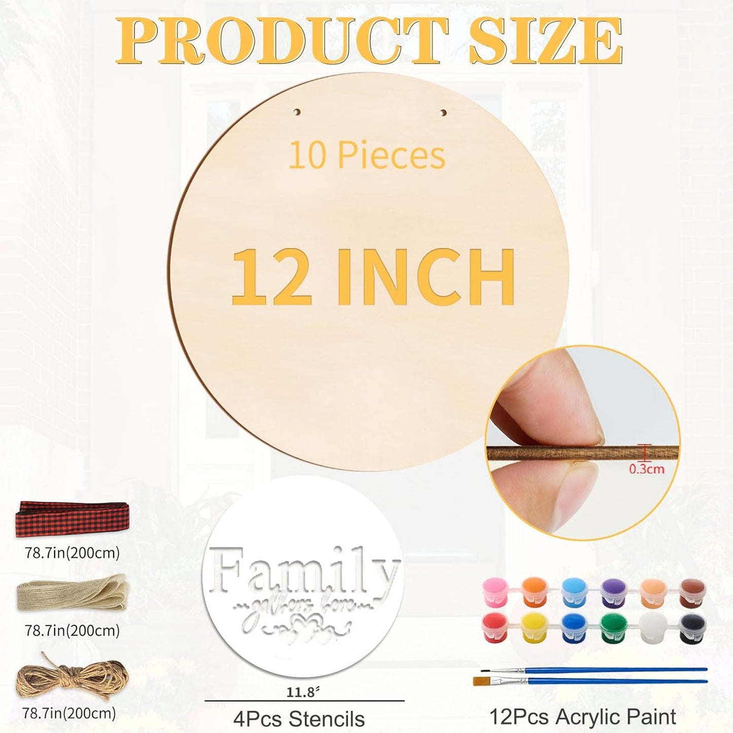 12 Inch Wood Circles for Crafts, 10Pcs Unfinished Wood Rounds with 4 Stencils & 12 Painting, DIY Wooden Crafts for Door Hanger, Sign, Wood Burning, Painting, Christmas Thanksgiving Day Decor