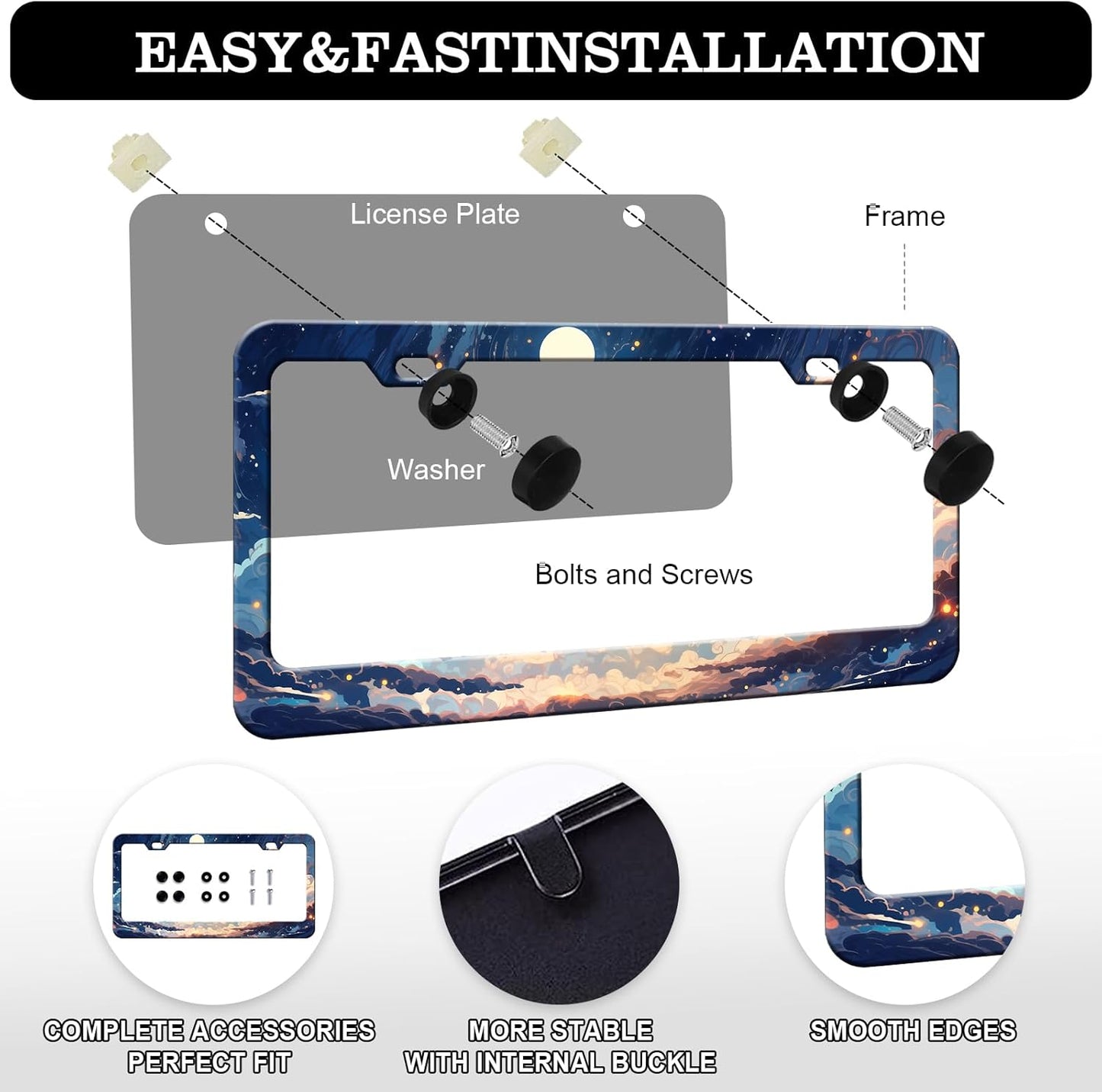 Anime Cloud Moon Starry Sky License Plate Frames - 2 Pack Front Rear Night Scene License Plates Holder Covers, Aluminum Metal Rust-Proof Waterproof Car Tag Frame with Screws Fasteners Caps