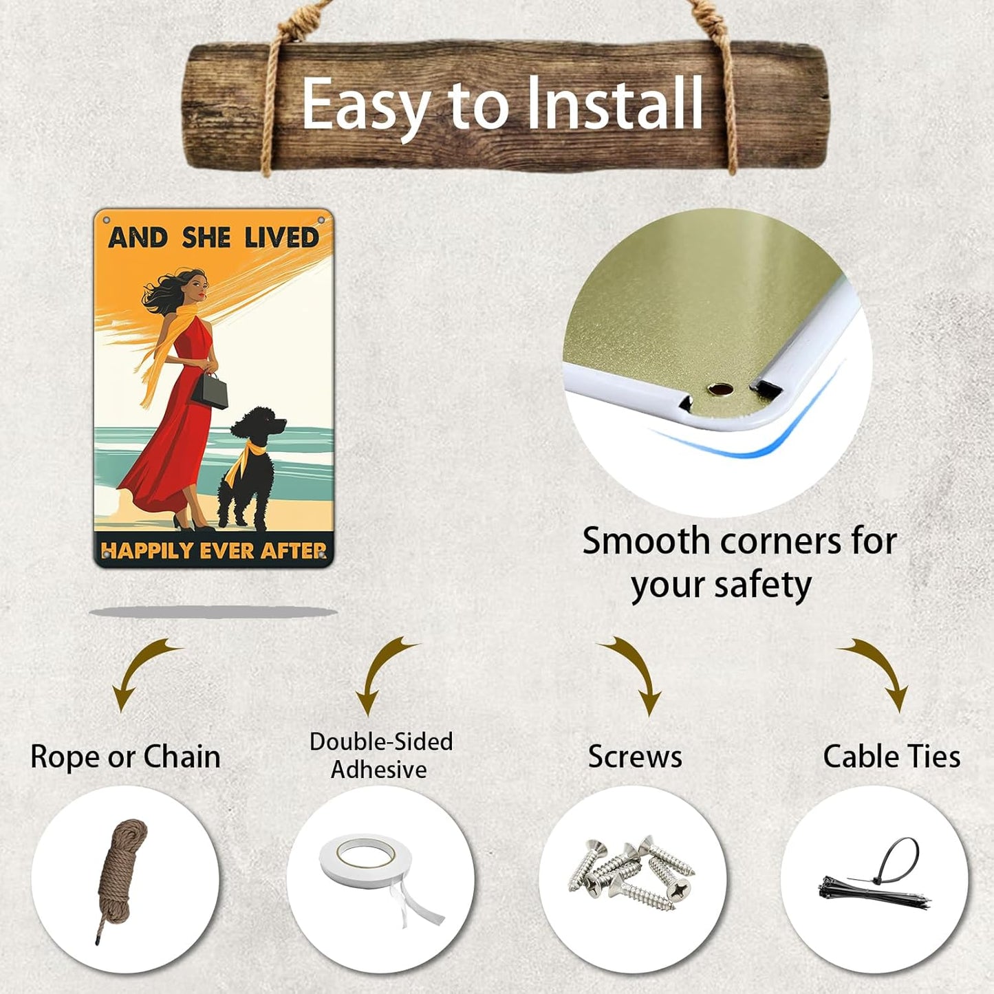 Vintage Tin Sign Metal Poster Plaque Poodle Girl and She Lived Happily Ever After Dog Metal Sign Iron Painting Retro Wall Decor Poster for Home Hotel Cafes 8x12 Inch