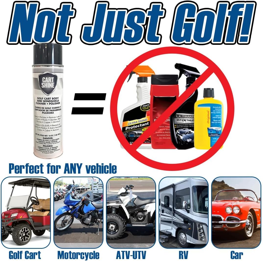 Club Clean Cart Shine, Golf Cart Body Windshield Cleaner Plus Polisher - Hard Water Shield, Removes Hard Water Stains - Battery Acid Shield, Grease Spray, Lubricates & Rust Proofs - Trim & Tire Shield