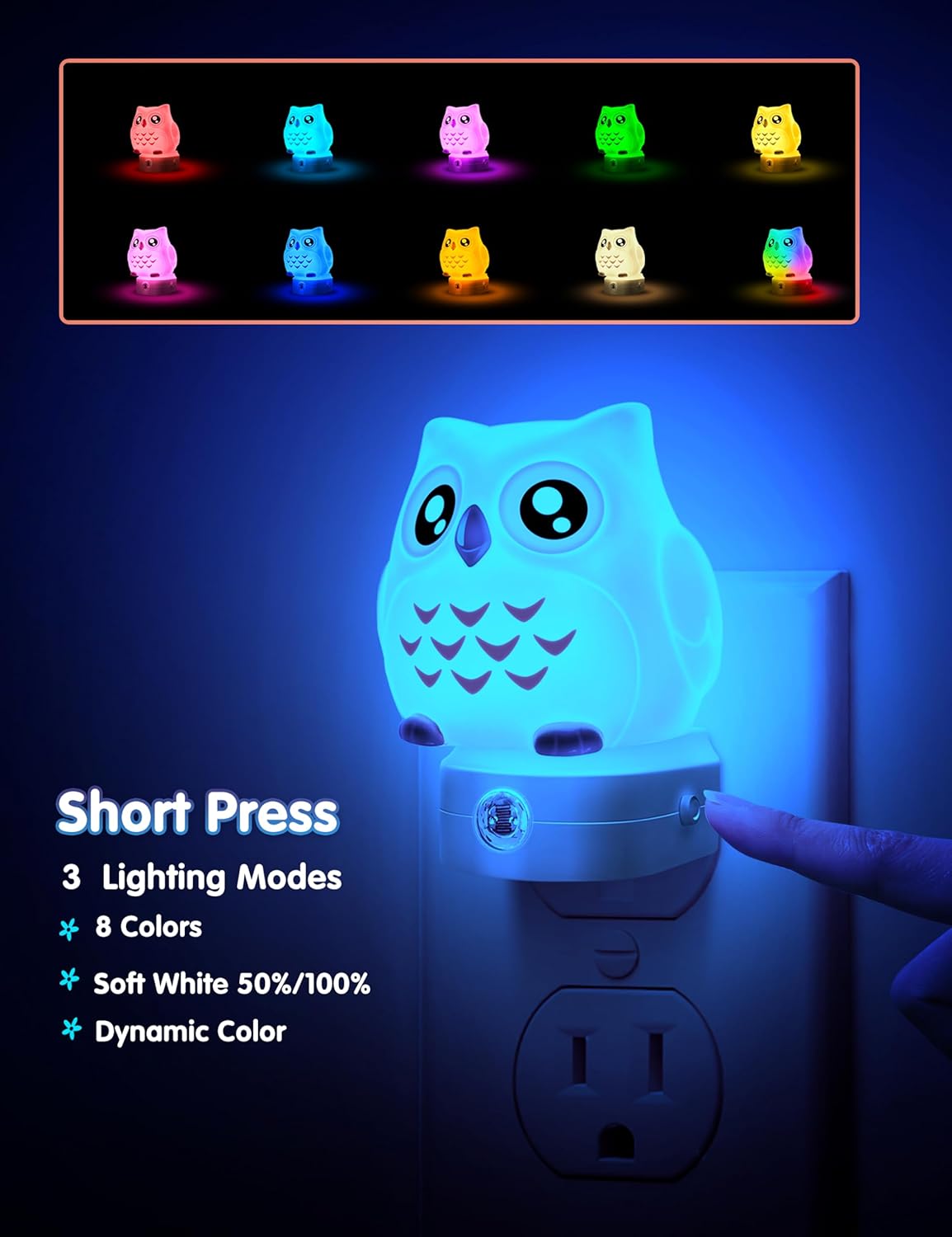 L LOHAS LED Owl Night Light for Kids, 3D Owl Night Light Plug in Wall, Dusk to Dawn Sensor, 8-Color Changing+Soft White 3000K, 3 Lighting Modes, Nursery Night Lights, Children, Room Decor