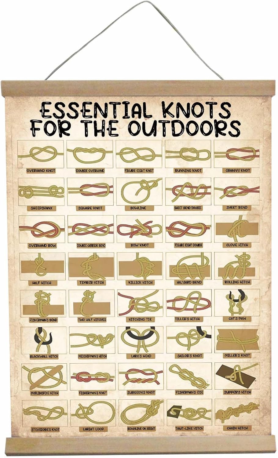 BUPOfromcn Outdoor Knots - Waterproof Knot Tying Hanging Poster- Includes 40 Rope Knots For Camping, Backpacking, Scouting Scenarios Boy Scout Gifts 12x16inche Survival Art Prints