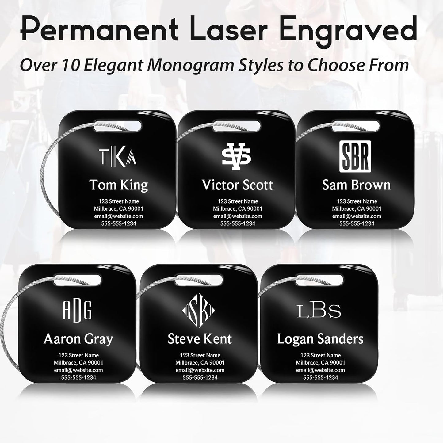 Personalized Luggage Tags for Suitcases - Stainless Steel Custom Luggage Tags for Backpacks & Bags, Sturdy, Waterproof & Heavy Duty (Black/Square)