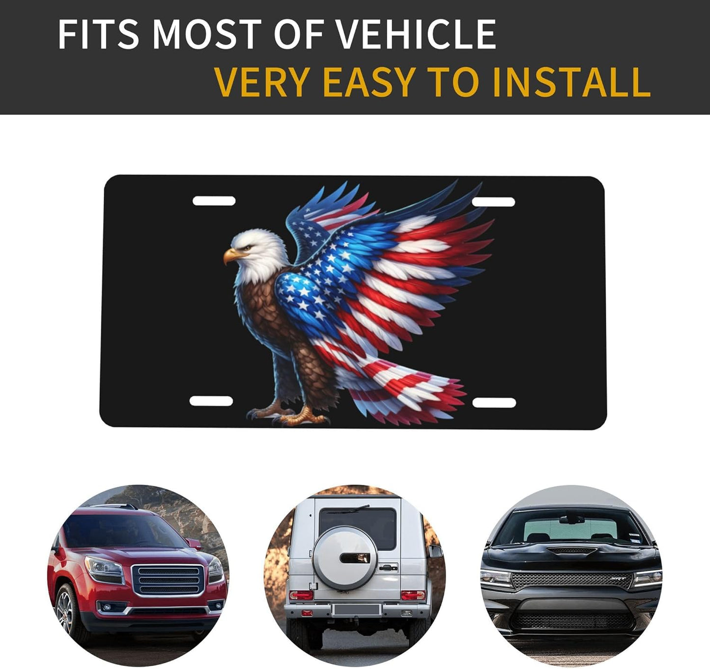 Front License Plate for Car Designs American Flag Eagle Black Stainless License Plate Cover Holder for Men Women Metal Aluminum Decorative Accessory Vanity Tag Standard 6 X 12 inch (4 Holes)