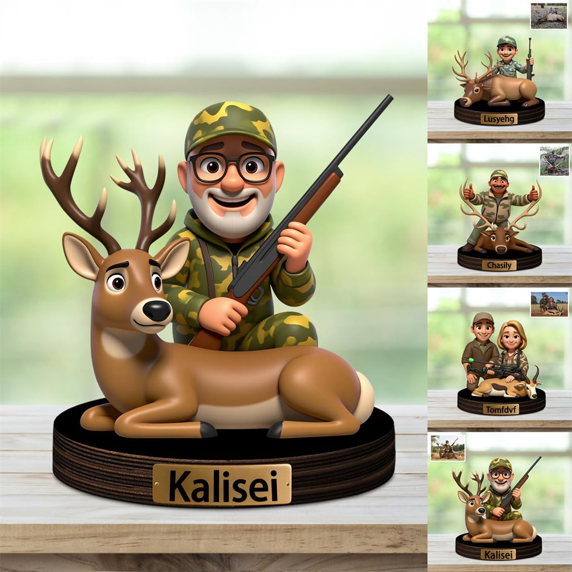 Personalized Hunter Cartoon Desktop Decor Custom 2D Deer Elk Portrait Figurine Plaque with Name Hunting Deer Acrylic Sculpture Desk Sign Ornament for Men Women Family Couple Christmas Birthday