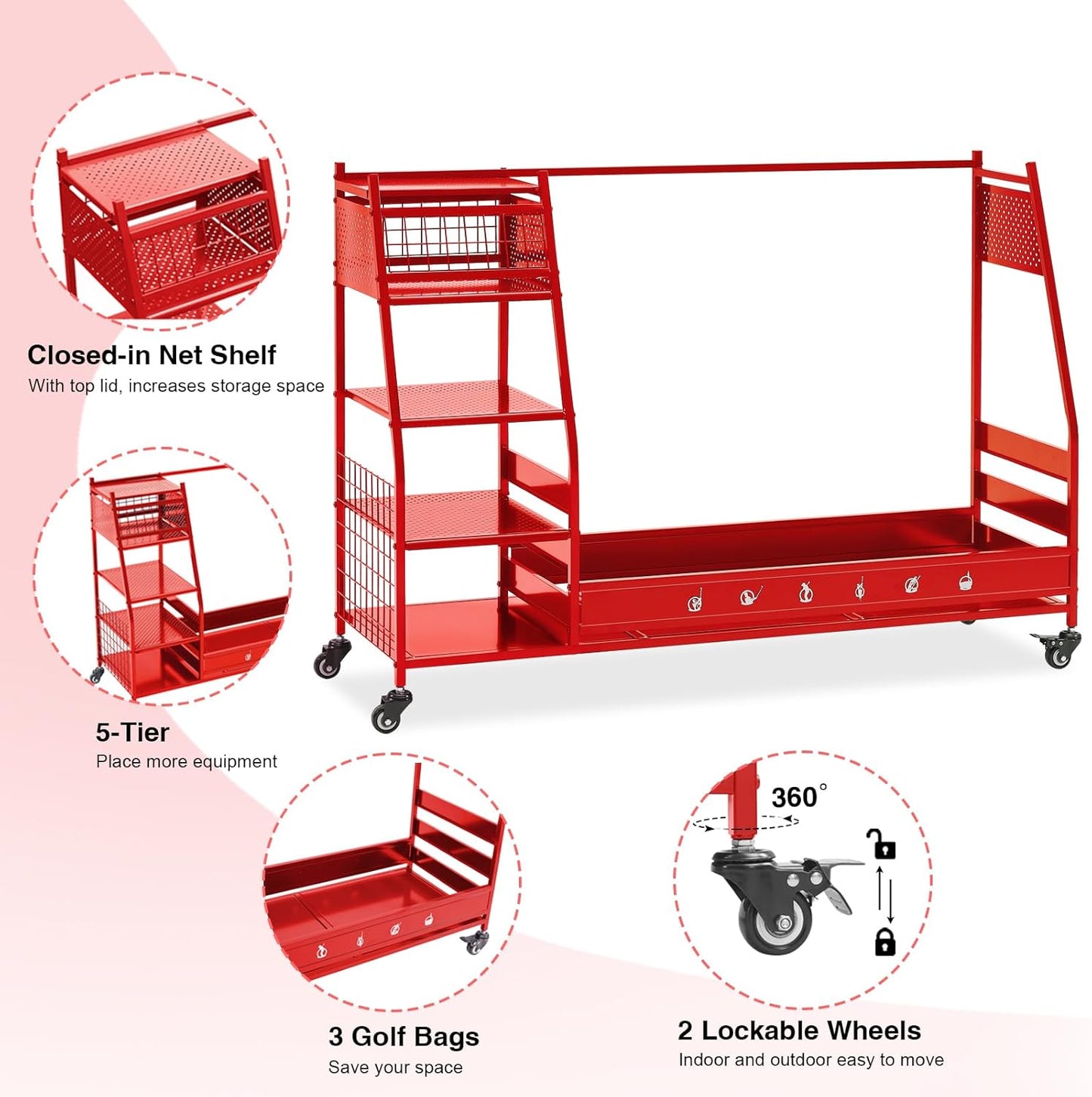 Lauren&Harold Golf Bag Organizer Garage Storage, Golf Storage Rack Stand Fits 2 Golf Bags, Golf Clubs and Other Golfing Equipment Accessories, Golf Organizer for Garage, Club, Shed, Basement