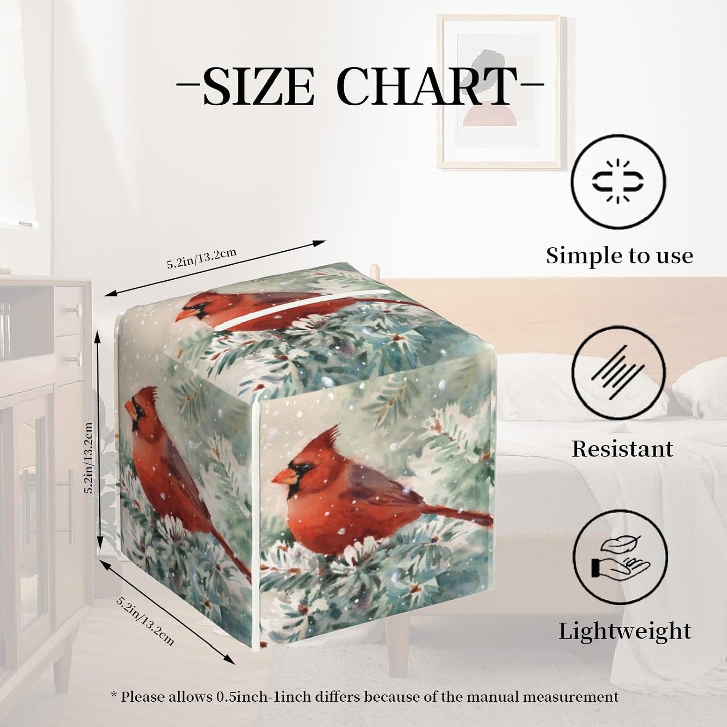 Tissue Box Cover, Winter Christmas Cardinal Bird Pu Leather Square Tissue Box Cover Case Organizer Cube Box Holder for Bathroom Vanity Countertop, Night Stands, Office Desk & Car 5.2X5.2X5.2''