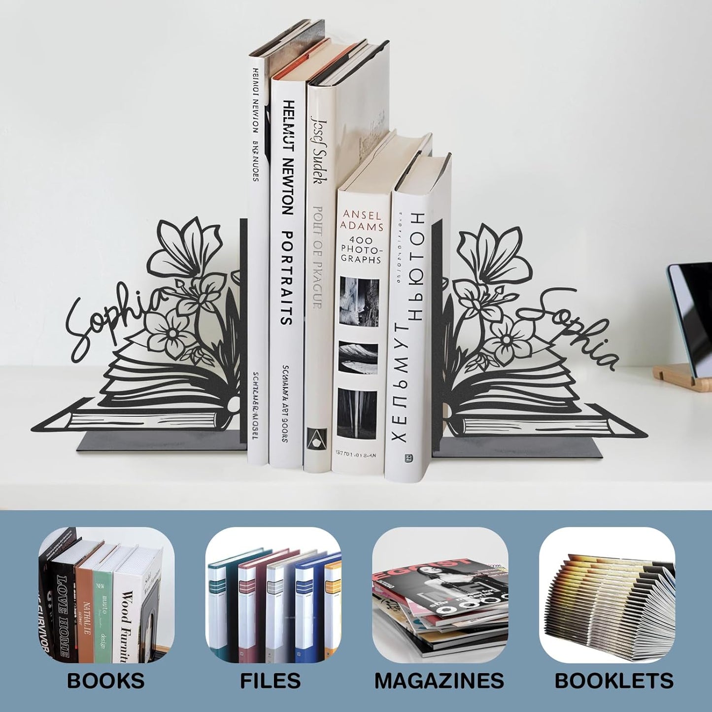 Personalized Flower Book Ends for Shelves 2 Pcs, Custom Name Metal Book Holders, Unique Bookends for Heavy Books, Non-Slip Book Stopper, Home Office Desk Bookshelf Decor, Customized Gifts