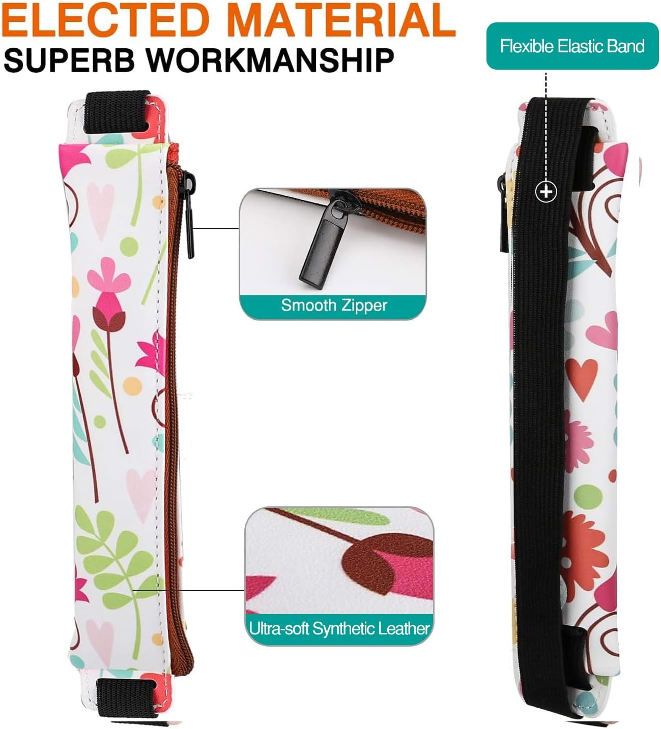 MoKo Pencil Case (2 Pack), PU Leather Pen Pencil Pouch Holder Stationery Zipper Bag with Elastic Strap for Pens, Pencils, Markers, Eraser - Printing & Gold Pink