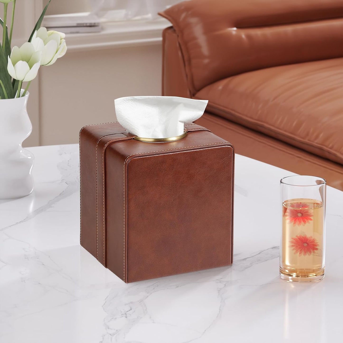 Luxury Square Tissue Box Cover, PU Leather Tissue Box Holder with Magnetic Closure and Gold Decorative Grommets for Bathroom Bedroom, Decorative Elegant Cube Tissue Holder (Brown)